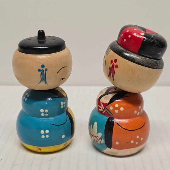 Japanese Kokeshi Wooden Bobblehead Salt & Pepper Shakers Dolls Vintage Handmade - Picture 2 of 8